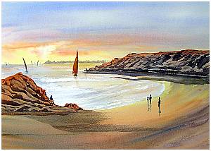 Sunset over the beach in Watercolour